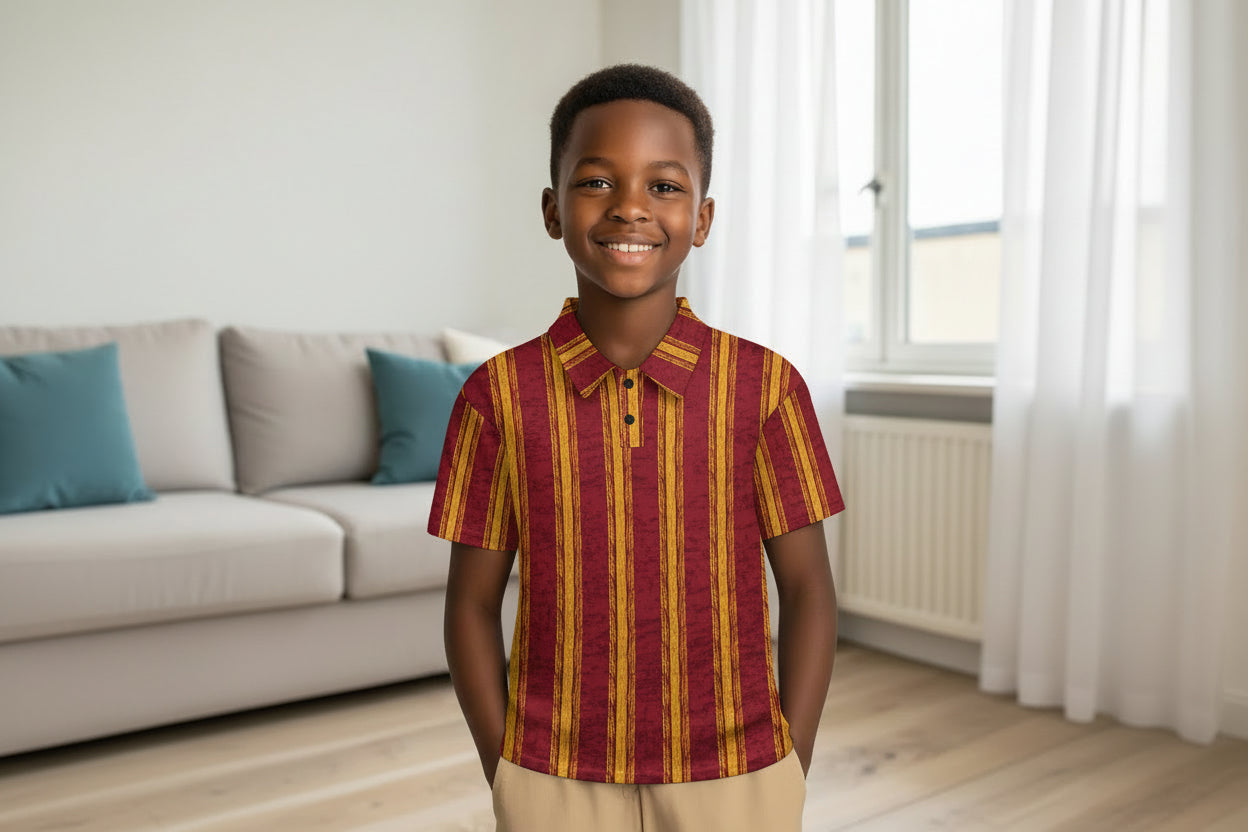 Red & Yellow African Kente Print Buttoned Polo Shirt