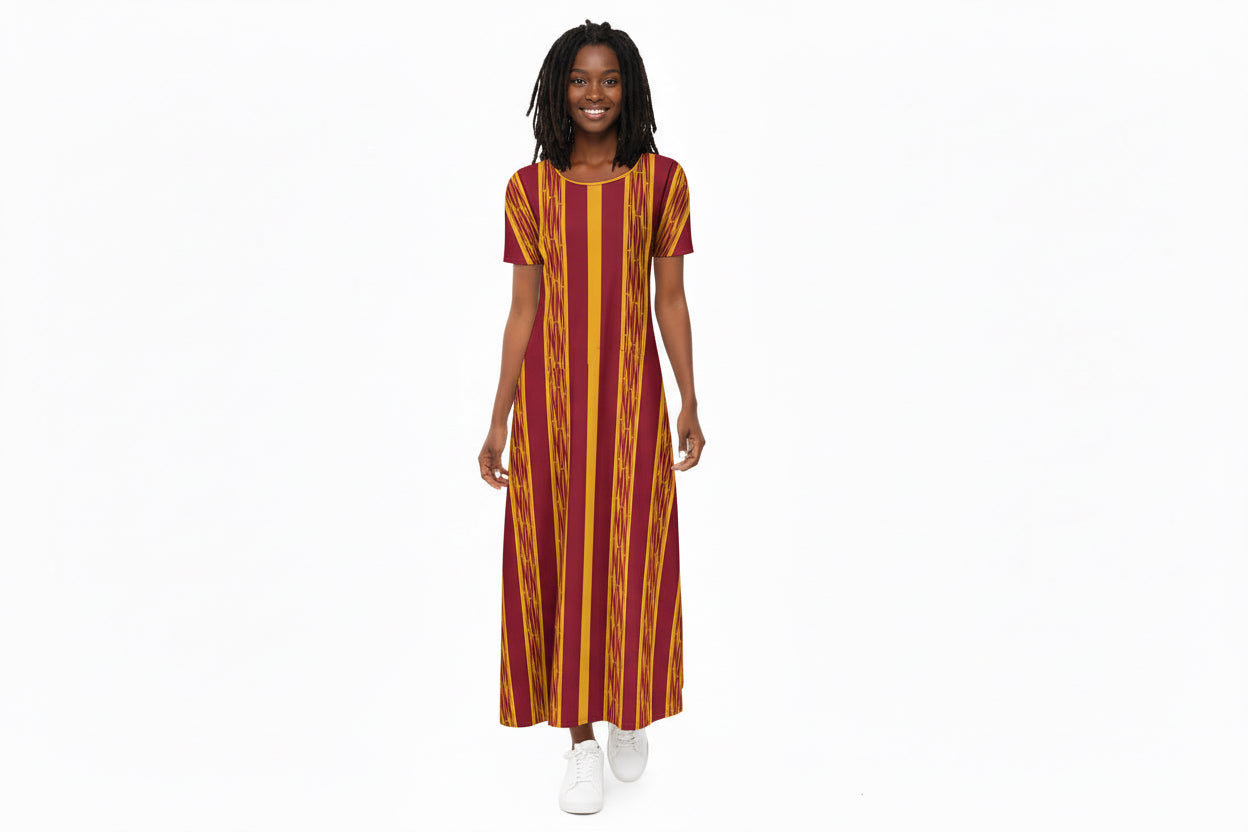 Red & Yellow African Kente Print Round Neck Short Sleeve Dress