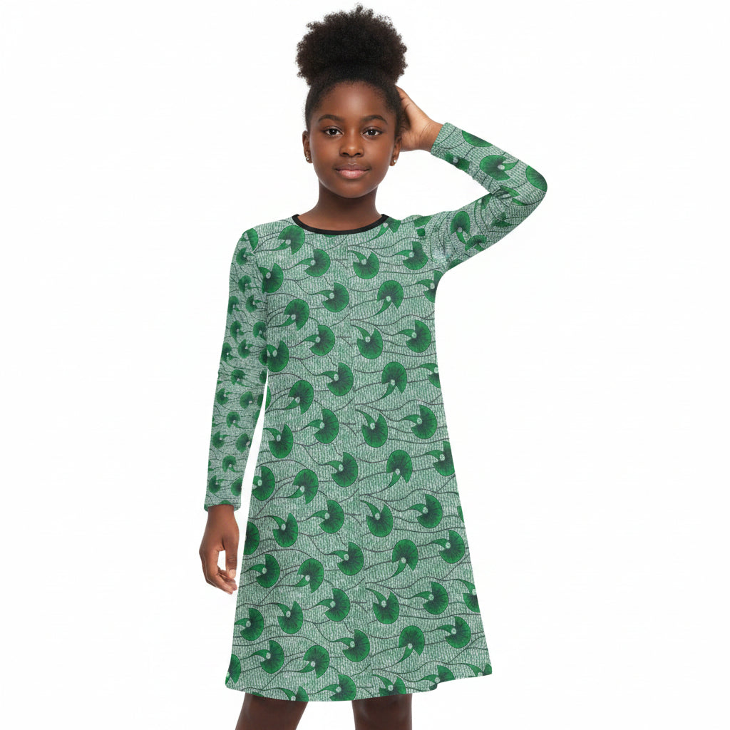 Dark Green Waves Ankara Pattern Long Sleeve Dress