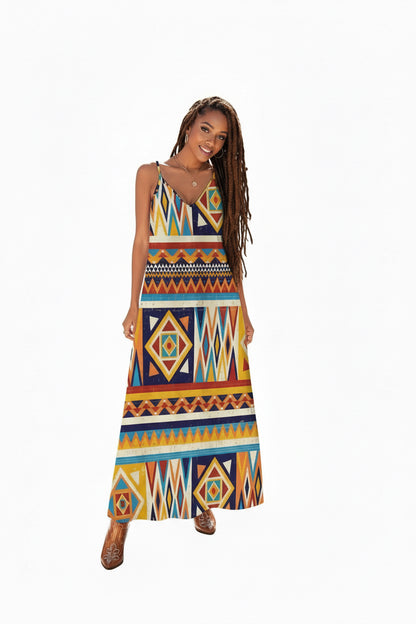Women's Multicolor African Geometric Pattern Sleeveless Maxi Dress