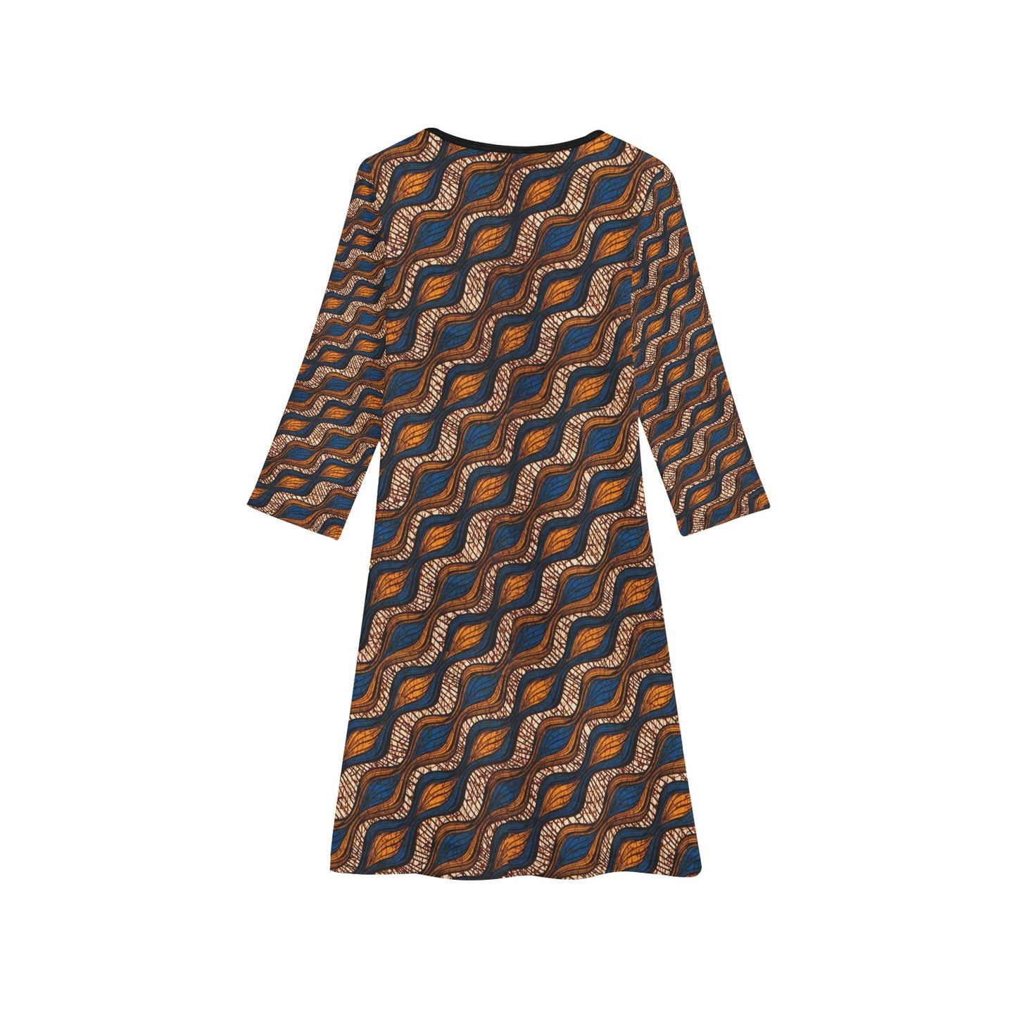 Girl's Blue and Brown Ankara Waves Pattern Long Sleeve Dress