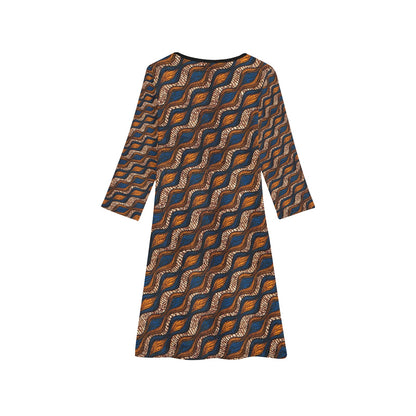 Girl's Blue and Brown Ankara Waves Pattern Long Sleeve Dress