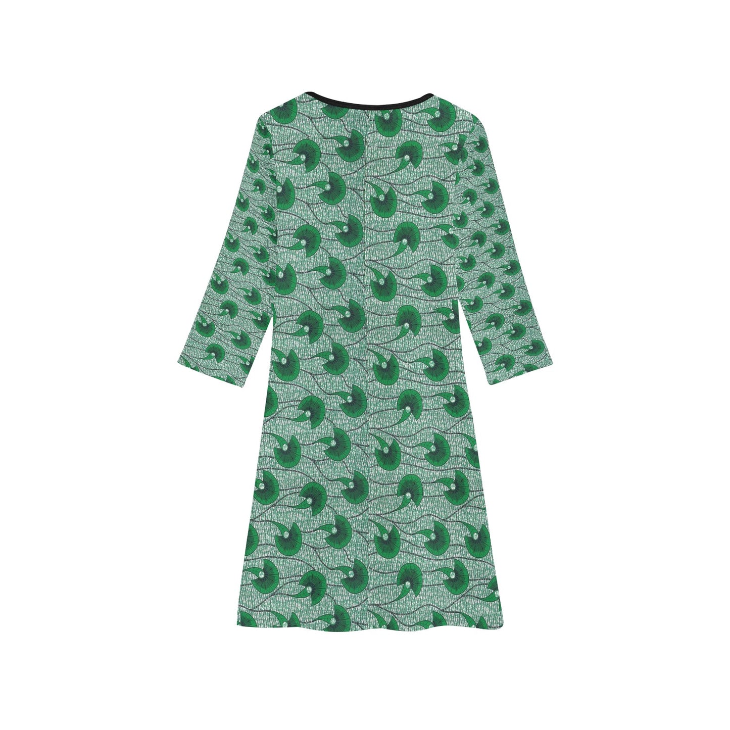 Dark Green Waves Ankara Pattern Long Sleeve Dress