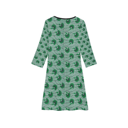 Dark Green Waves Ankara Pattern Long Sleeve Dress