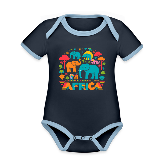 Organic Contrast Short Sleeve African Elephants Baby Bodysuit - navy/sky