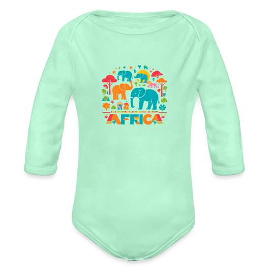 Organic Long Sleeve Baby Bodysuit African Animals - light mint