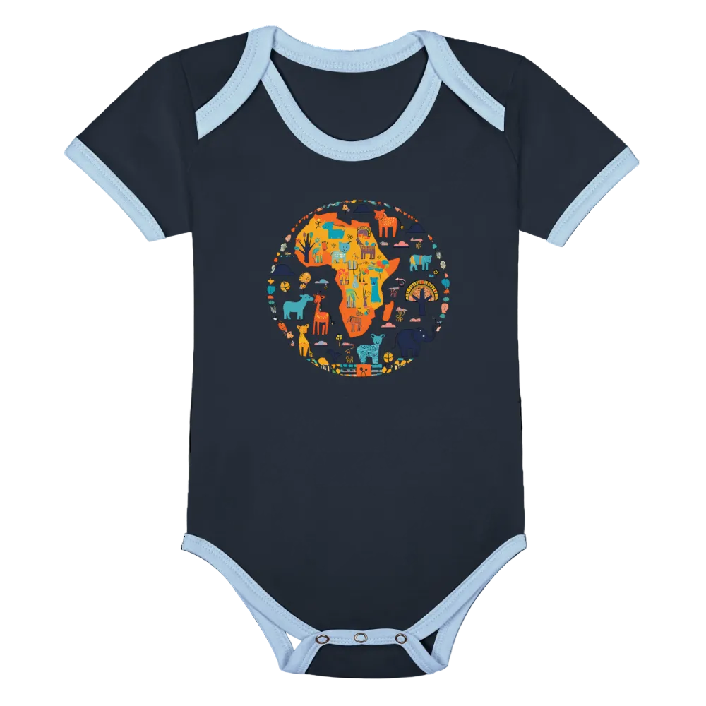 Organic Contrast Short Sleeve Abstract African Animals Baby Bodysuit - navy/sky