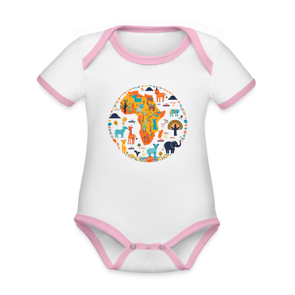 Organic Contrast Short Sleeve African Animals Baby Bodysuit - white/pink
