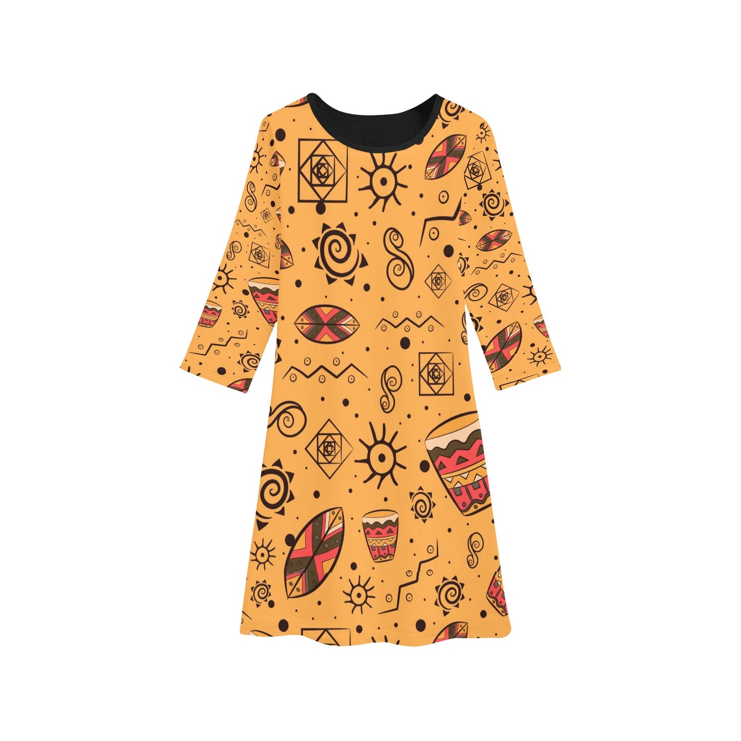 African Symbols Print Yellow Long Sleeve Dress
