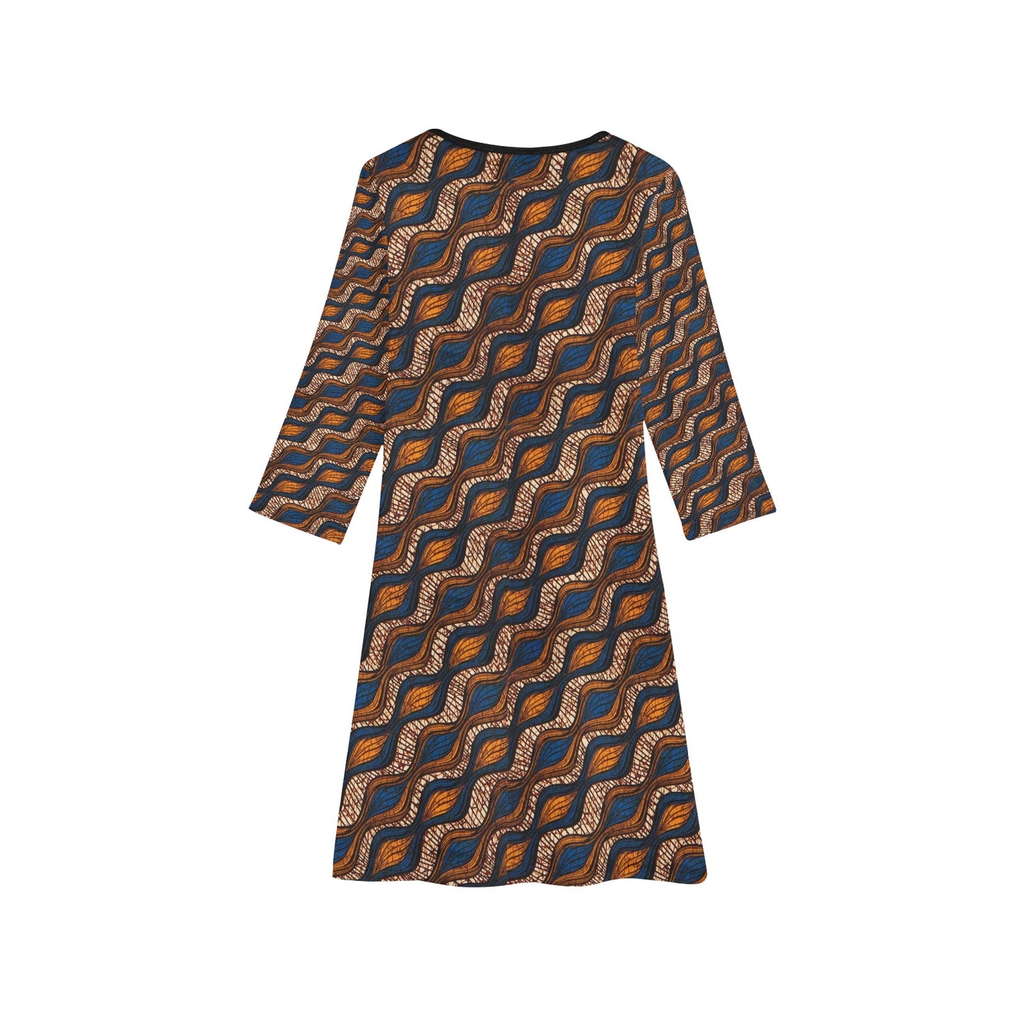 Blue and Brown Ankara Waves Pattern Long Sleeve Dress
