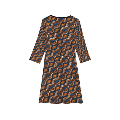 Blue and Brown Ankara Waves Pattern Long Sleeve Dress