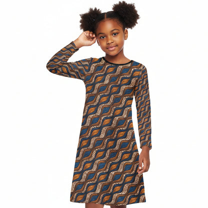 Girl's Blue and Brown Ankara Waves Pattern Long Sleeve Dress