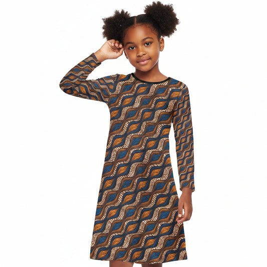 Girl's Blue and Brown Ankara Waves Pattern Long Sleeve Dress