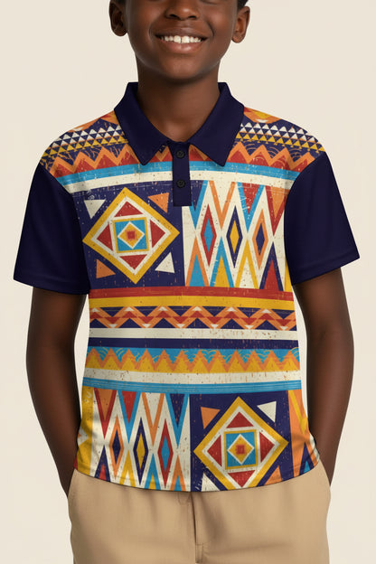 Multicolor African Geometric Pattern Buttoned Polo Shirt
