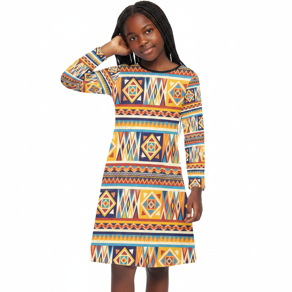 Multicolor African Geometric Pattern Long Sleeve Dress