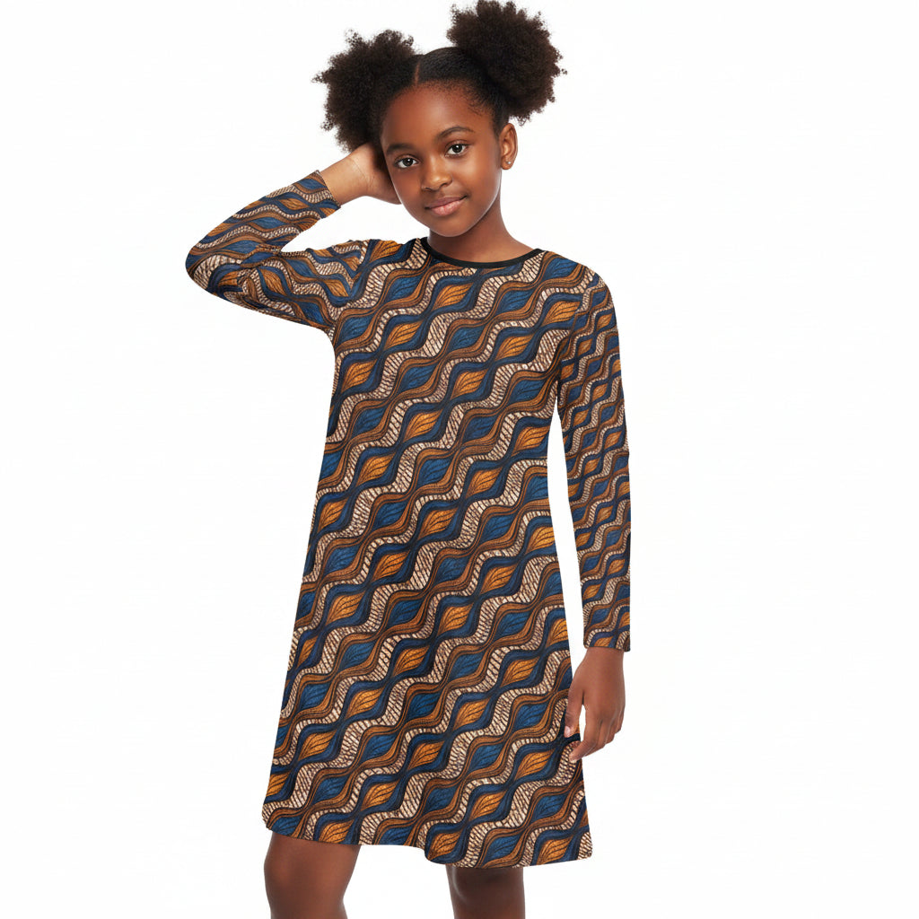 Blue and Brown Ankara Waves Pattern Long Sleeve Dress