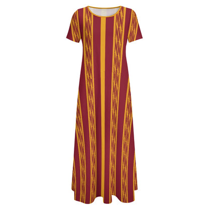 Red & Yellow African Kente Print Round Neck Short Sleeve Dress
