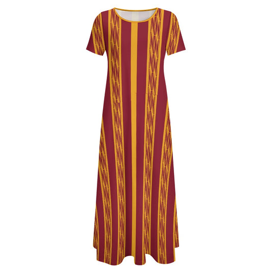 Red & Yellow African Kente Print Round Neck Short Sleeve Dress