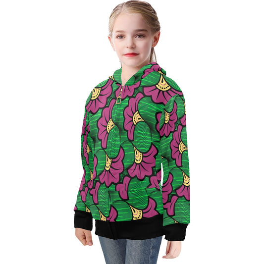 Big Kid's Ankara Purple Flower Print Green Hoodie