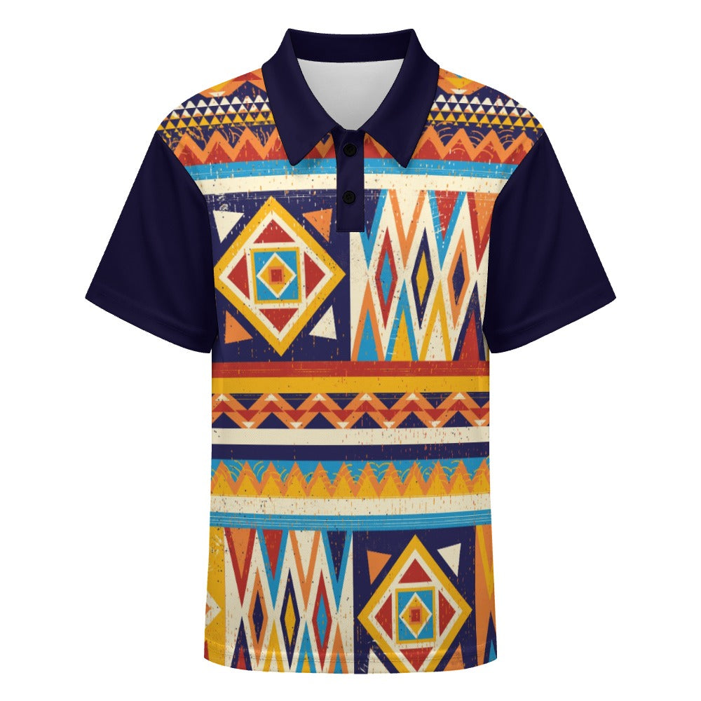 Multicolor African Geometric Pattern Buttoned Polo Shirt