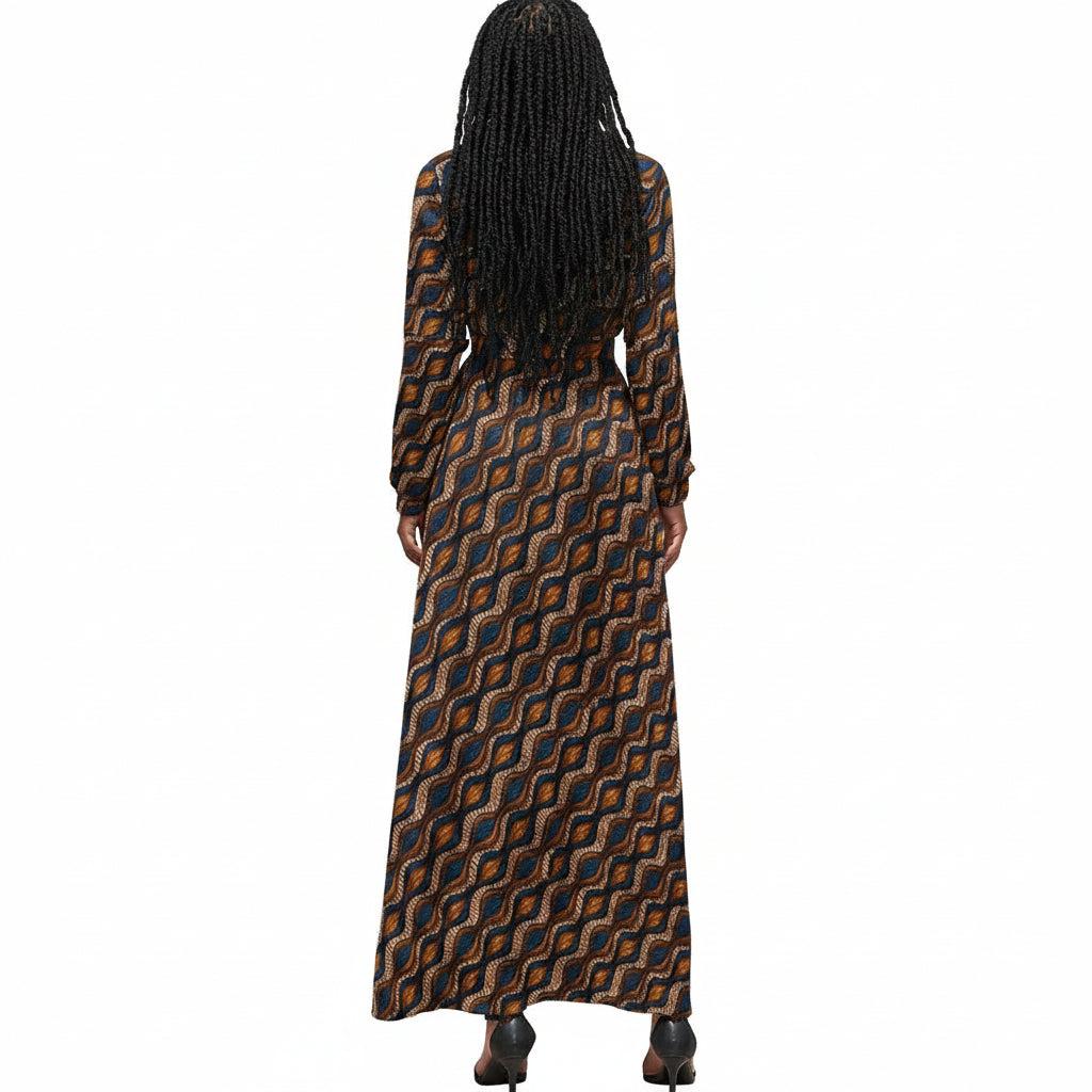 Women's Blue and Brown Ankara Waves Pattern Long Sleeve Dress