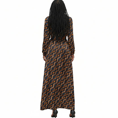 Women's Blue and Brown Ankara Waves Pattern Long Sleeve Dress