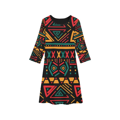 African Print Black Long Sleeve Dress