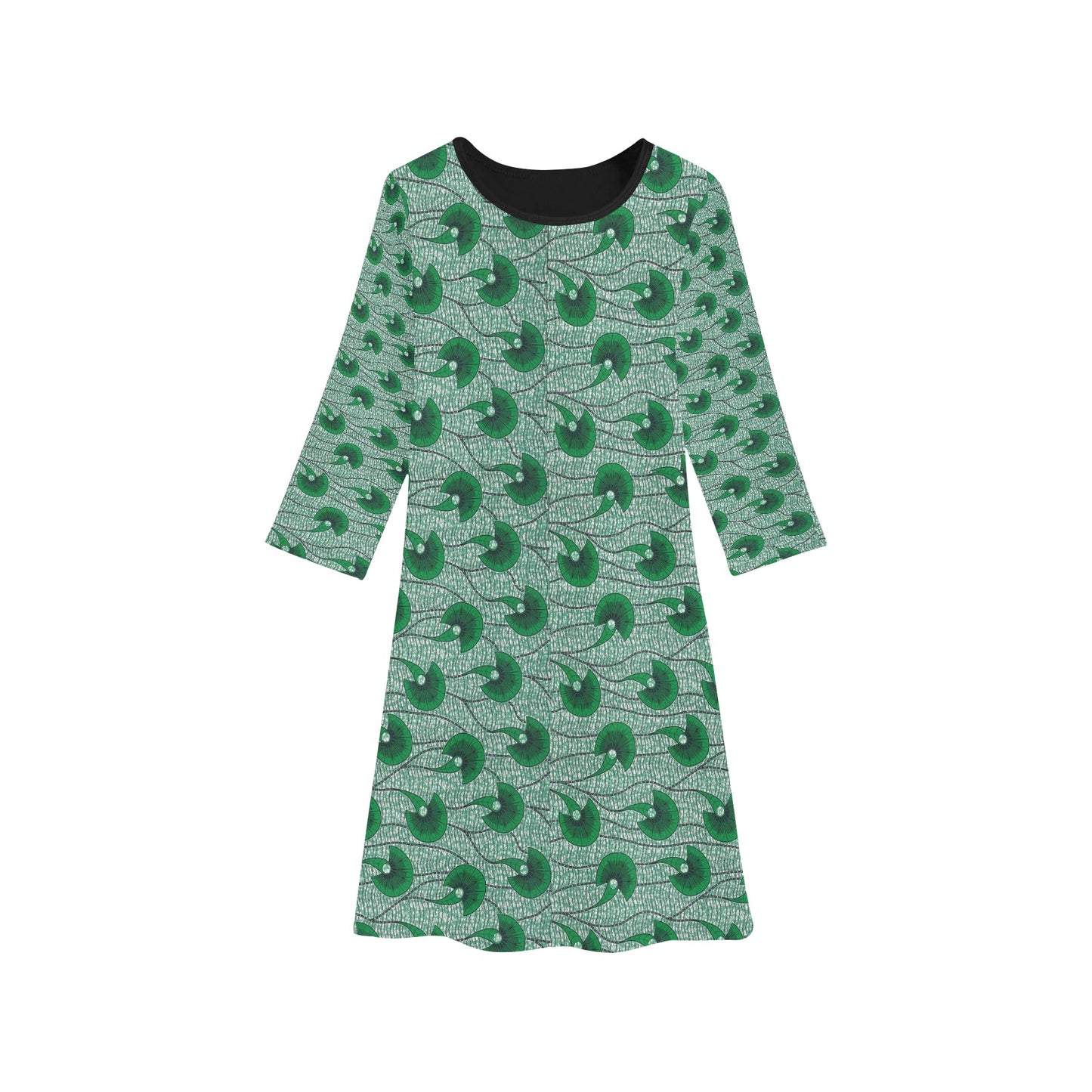 Dark Green Waves Ankara Pattern Long Sleeve Dress