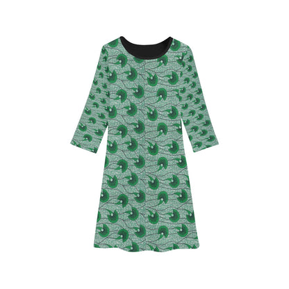 Dark Green Waves Ankara Pattern Long Sleeve Dress