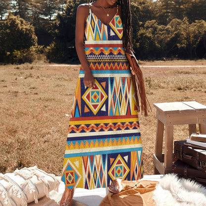 Women's Multicolor African Geometric Pattern Sleeveless Maxi Dress