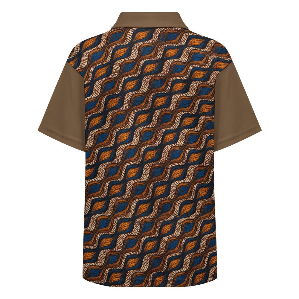 Children's Blue and Brown Ankara Waves Pattern Buttoned Polo Shirt
