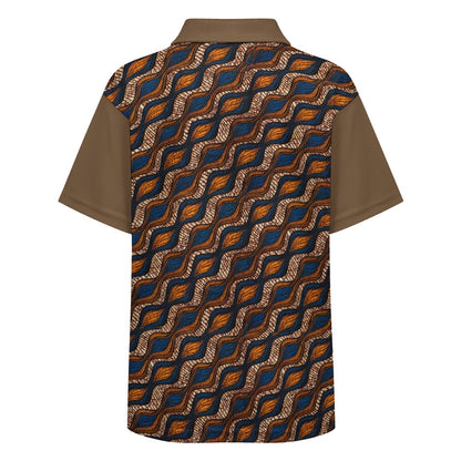 Children's Blue and Brown Ankara Waves Pattern Buttoned Polo Shirt