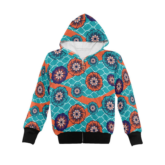 Big Kid's Ankara Flower Print Orange & Blue Hoodie