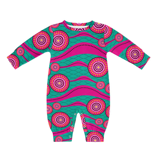 Pink & Green Wheel Pattern Ankara Baby Jumpsuit