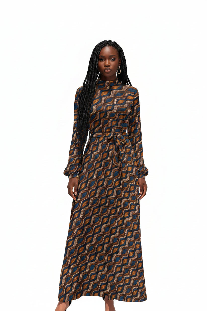 Women's Blue and Brown Ankara Waves Pattern Long Sleeve Dress