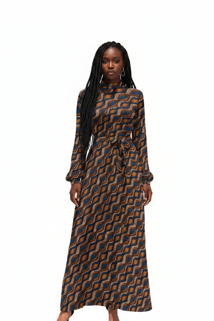 Women's Blue and Brown Ankara Waves Pattern Long Sleeve Dress