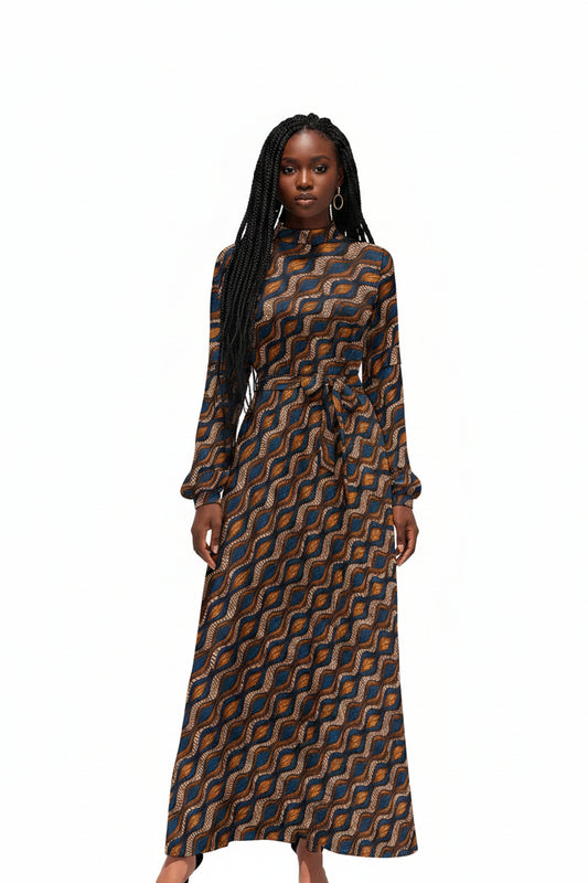 Women's Blue and Brown Ankara Waves Pattern Long Sleeve Dress