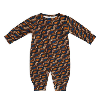 Blue and Brown Ankara Waves Pattern Baby Jumpsuit