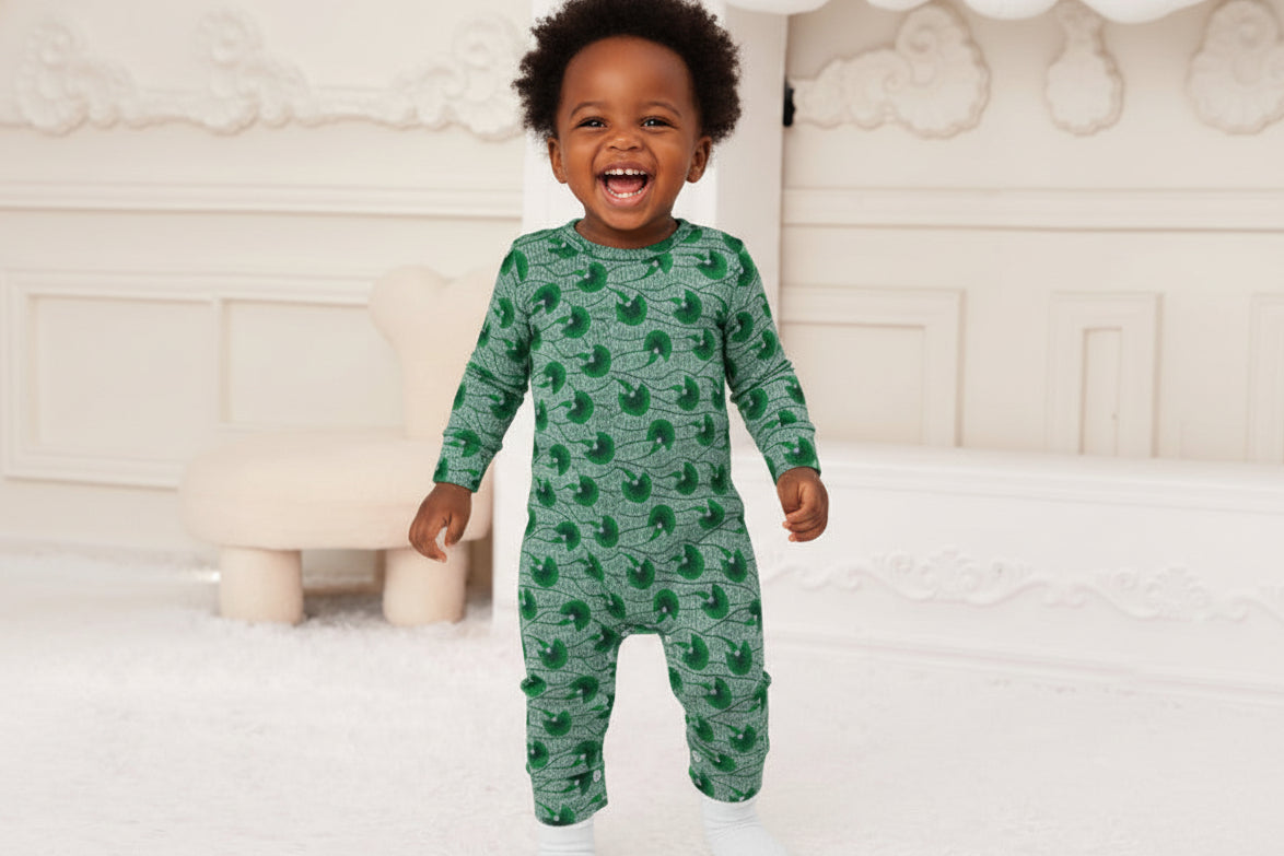 Dark Green Waves Ankara Pattern Baby Jumpsuit