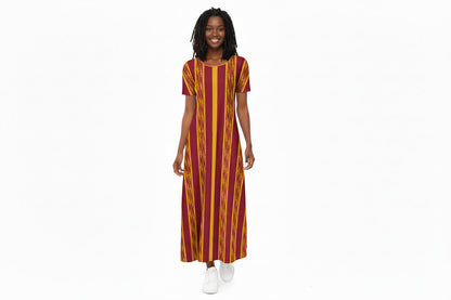 Red & Yellow African Kente Print Round Neck Short Sleeve Dress
