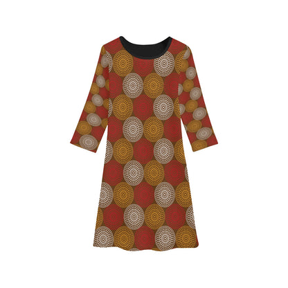 Maroon Ankara Wheel Pattern Girls' Long Sleeve Dress