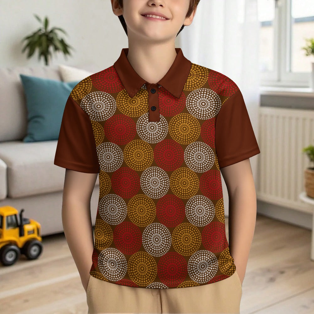 Maroon Ankara Wheel Pattern Kid's Buttoned Polo Shirt