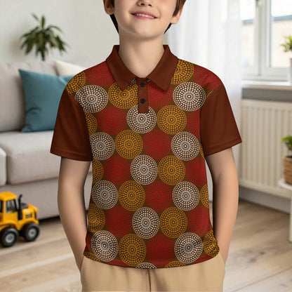 Maroon Ankara Wheel Pattern Kid's Buttoned Polo Shirt