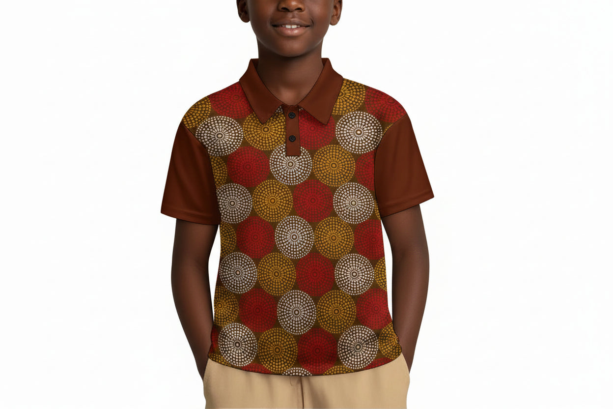 Maroon Ankara Wheel Pattern Kid's Buttoned Polo Shirt