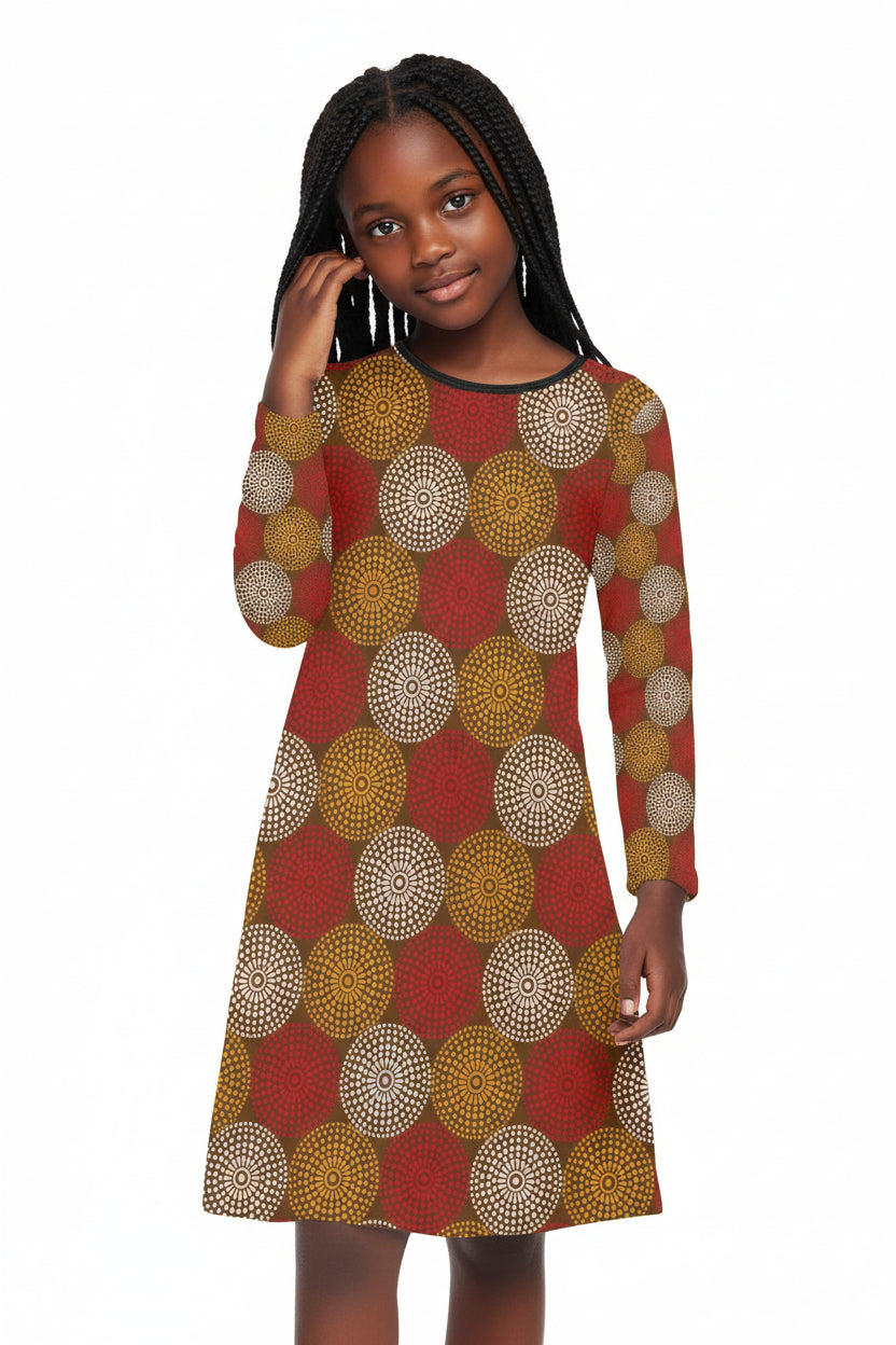 Maroon Ankara Wheel Pattern Girls' Long Sleeve Dress