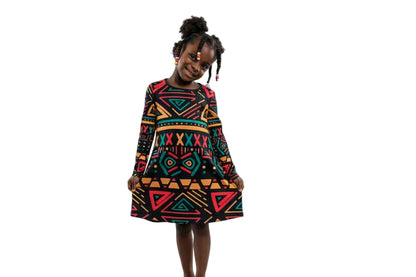 African Print Black Long Sleeve Dress