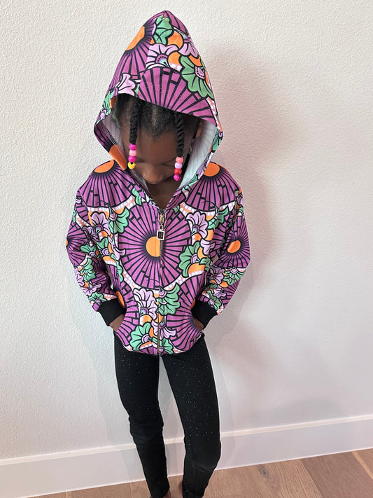 Toddler's Ankara Flower Print Purple Lightweight Hoodie