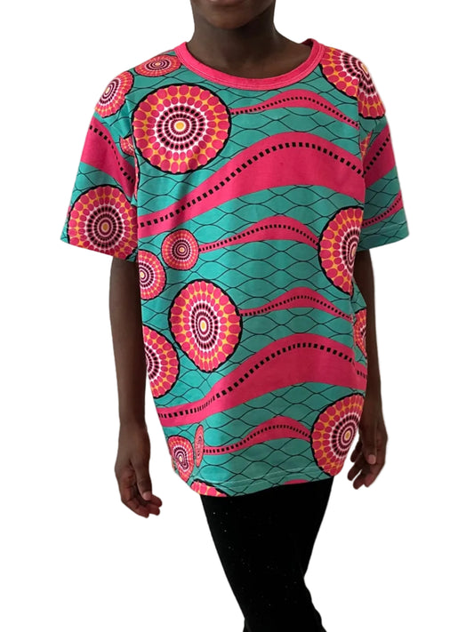 Children's Ankara Print Pink & Turquoise T-Shirt