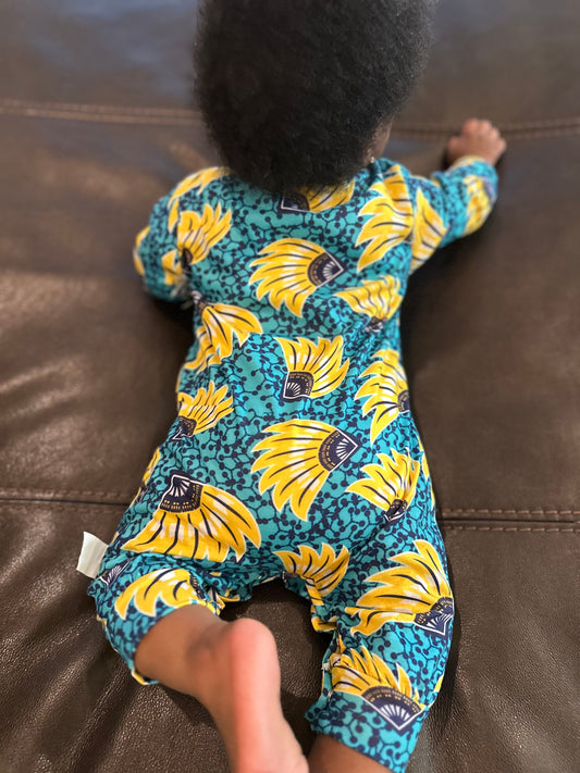 Turquoise and Yellow Flowers Ankara Baby Jumpsuit