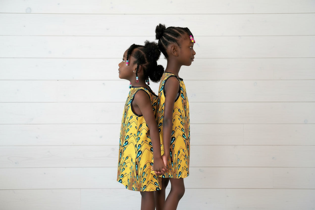 Abstract Yellow Ankara Pattern Girl's Sleeveless Dress